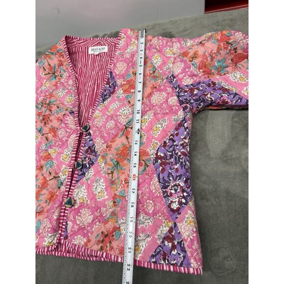 Beau & Ro Quilted Patchwork Jacket Pink Floral Cotton Blend Button Front XL - Picture 11 of 12